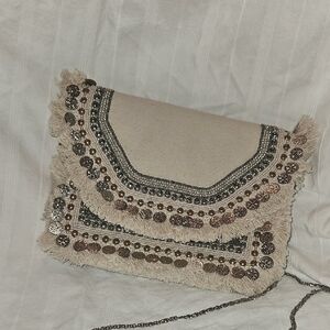 Bohemian Beige Fringed/Beaded Crossbody/Clutch Bag